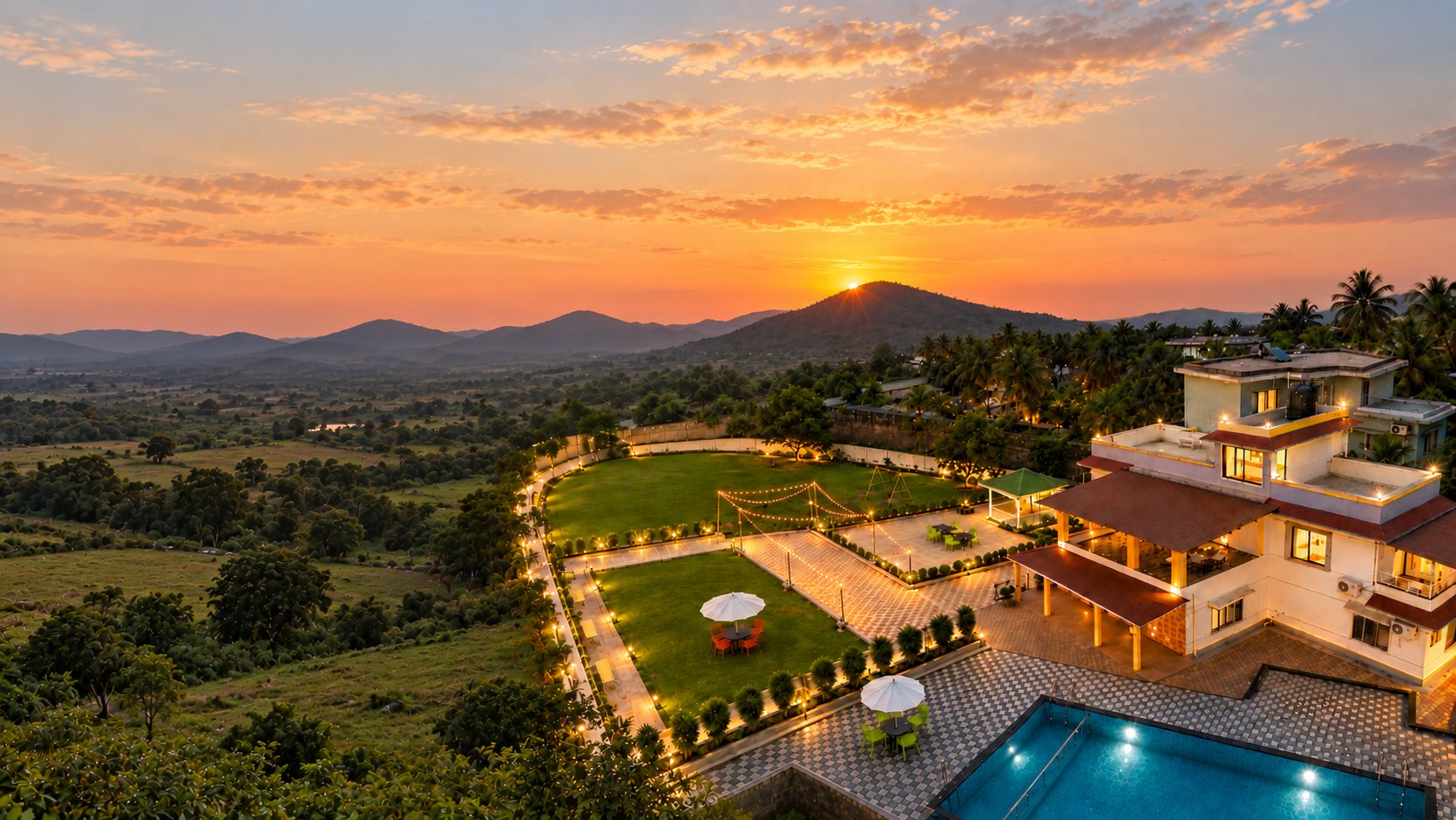 The Morning Glory villa, pool, lawns and valley at sunset in Karjat